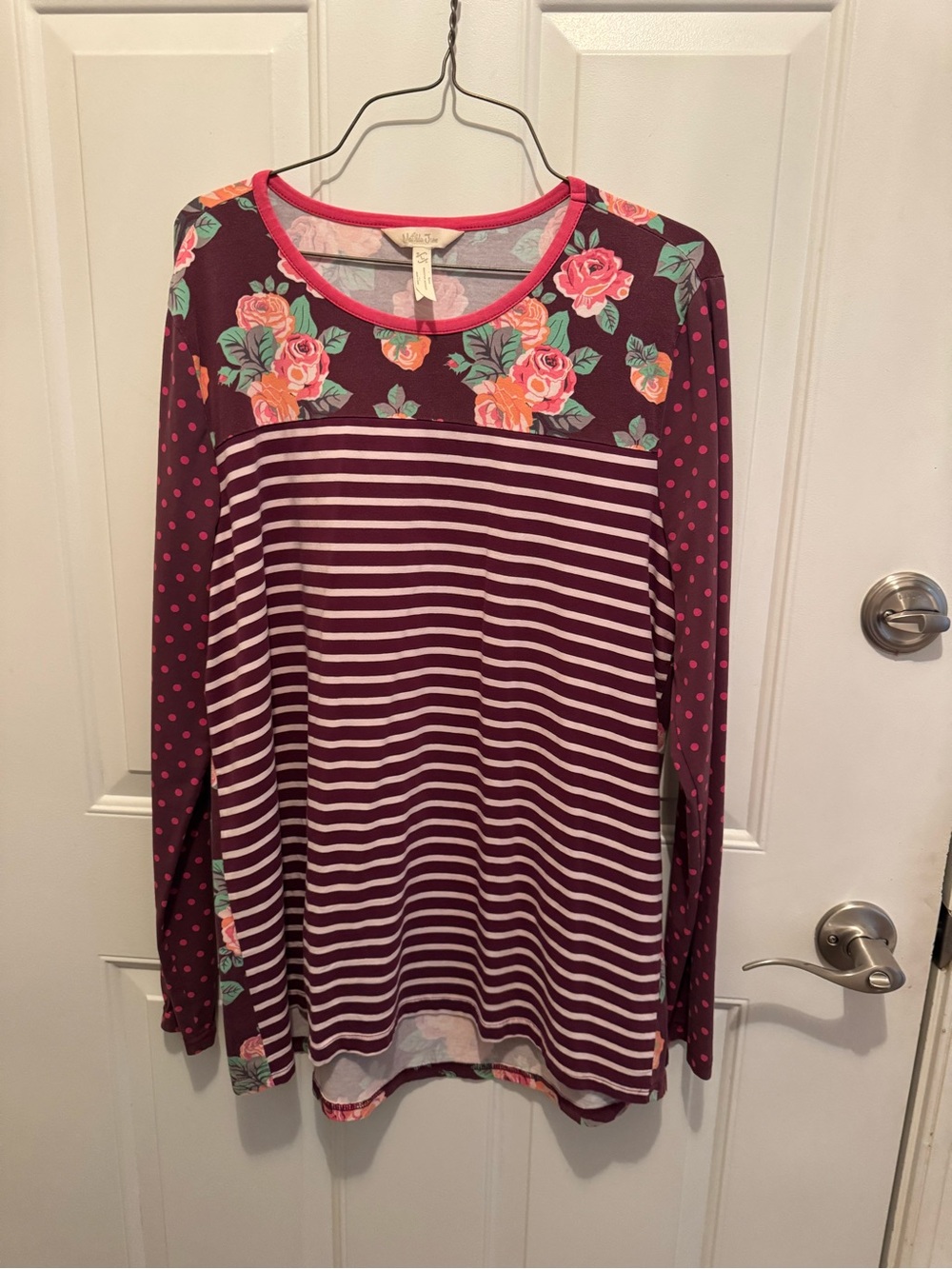 Matilda Jane Burgundy Striped & Floral Long Sleeve Top with Pink Accents